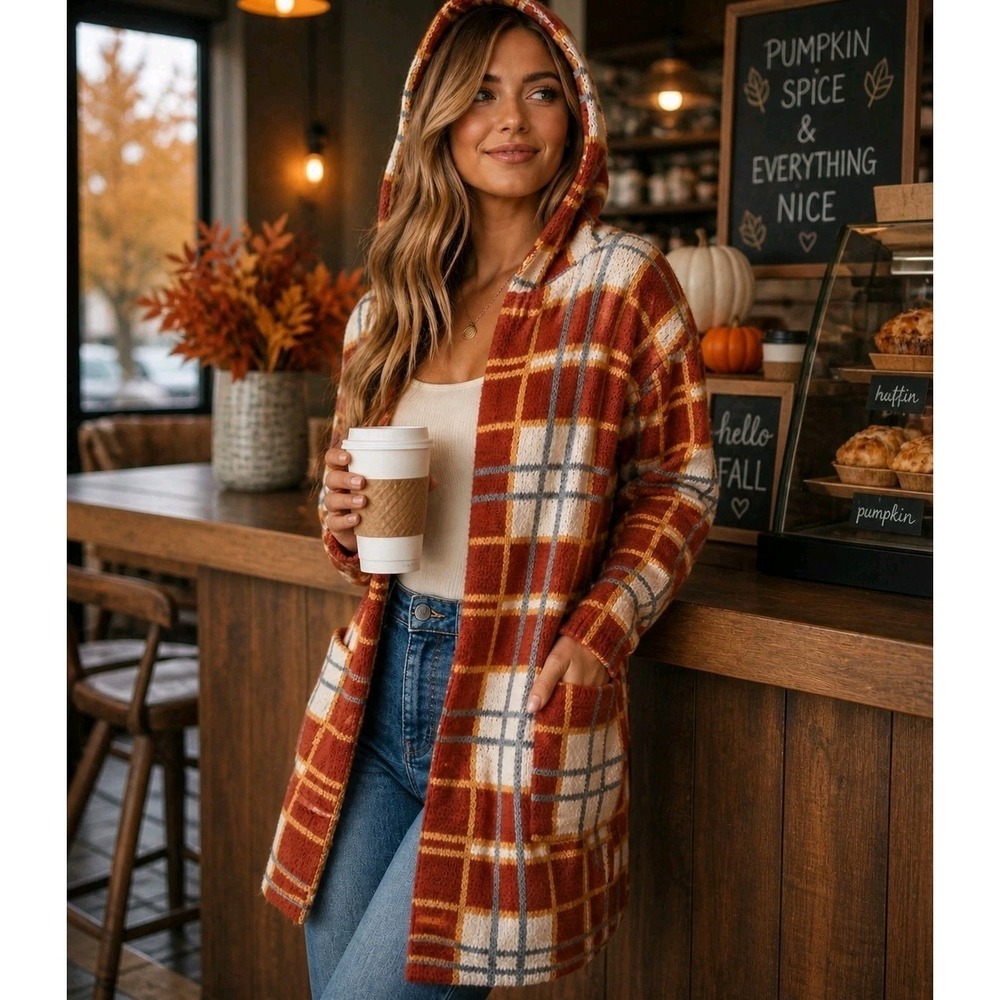 Entro Plaid Hooded Cardigan M Open Front Knit Boho Fall Cozy Sweater